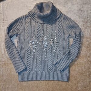 New Talbot's Cowl neck sequin cable knit front sweater in gray, size L